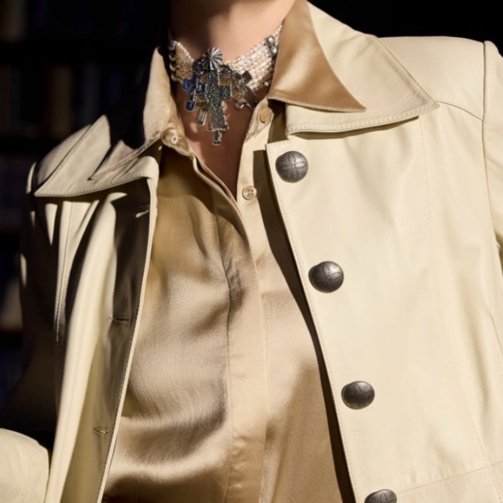 Double D Ranch buttery soft leather Bandit Trench Coat in Bone RTL $1295 L NWT - Picture 10 of 11